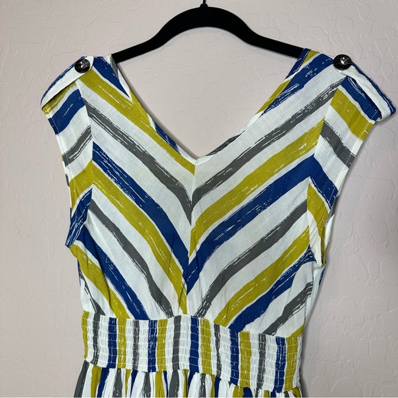 Striped Mini Skirt Dress, White Blue Green Gray Spring Summer Dress, size medium - Picture 2 of 15